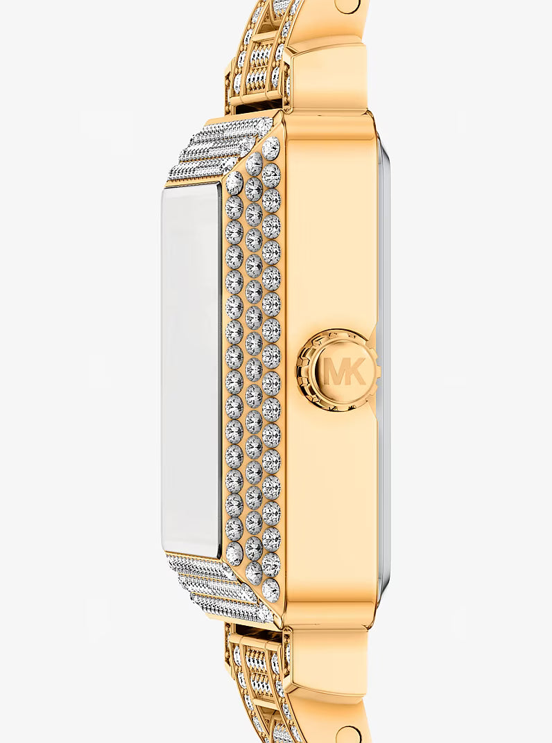 Side view of watch showing case thickness and crystal-set bezel