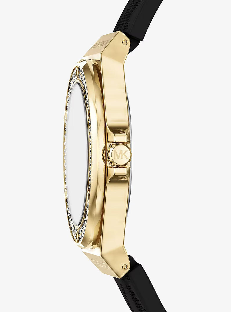 Michael Kors Lennox side view showing gold-tone case with pavé bezel and black strap