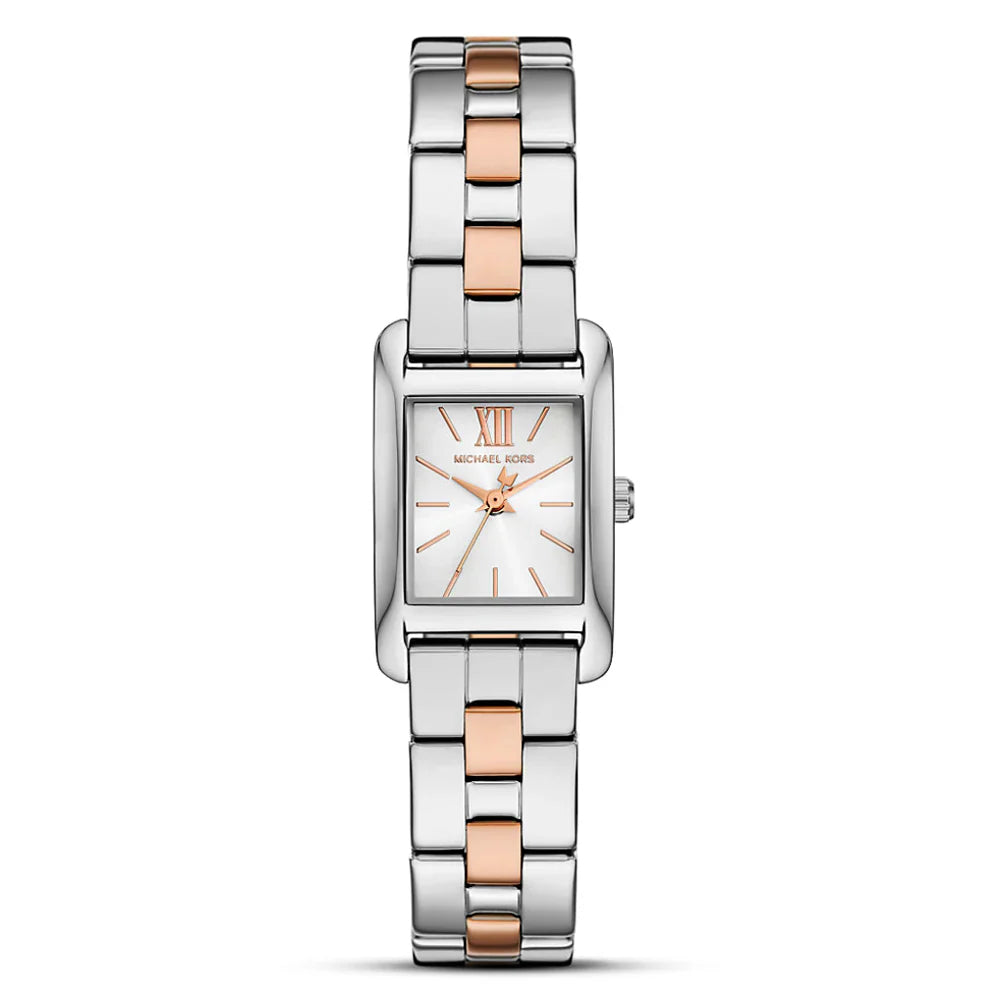 Michael Kors MKO9015 women's watch with white dial and two-tone silver and rose gold bracelet