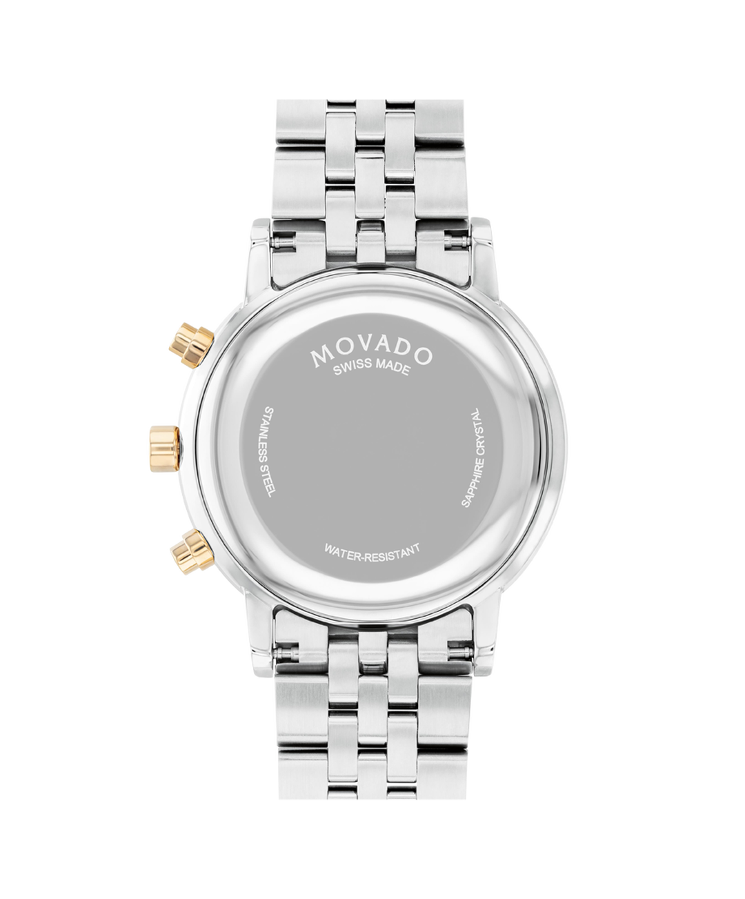 Caseback of Movado 0607777 with engraved branding, water-resistant marking, and yellow gold crown