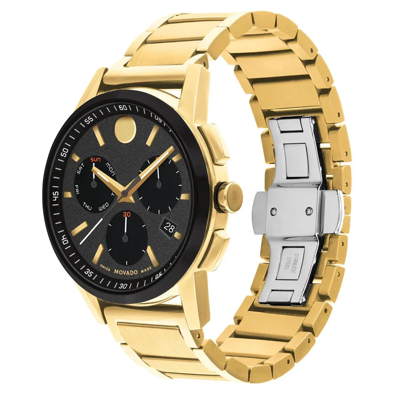 Movado gold steel chronograph watch from angle showing bracelet with silver clasp