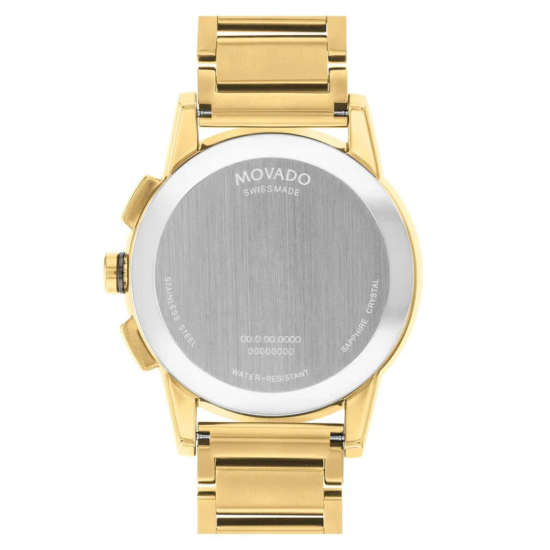 Movado chronograph caseback showing Swiss-made engraving and water resistance rating