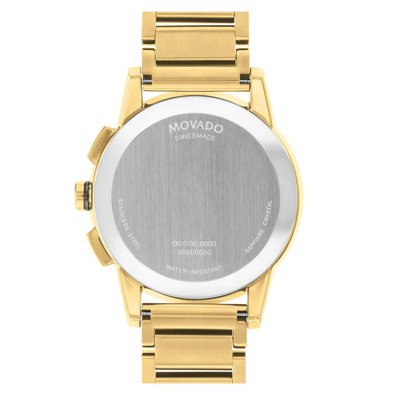 Movado chronograph caseback showing Swiss-made engraving and water resistance rating