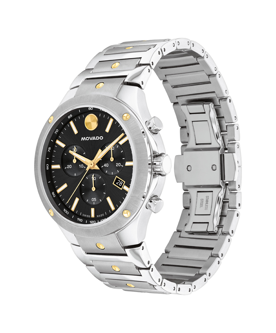 Side profile view of Movado chronograph with stainless steel bracelet and yellow PVD detailing
