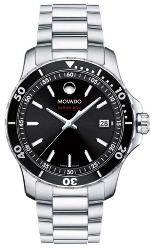 Movado stainless steel men's watch with black dial and date window, front view