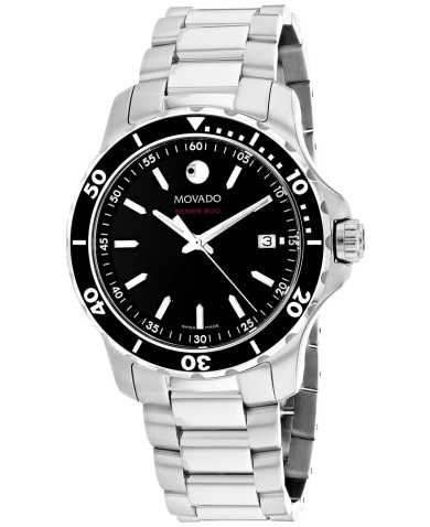Movado watch with stainless steel bracelet and rotating bezel, angled side view