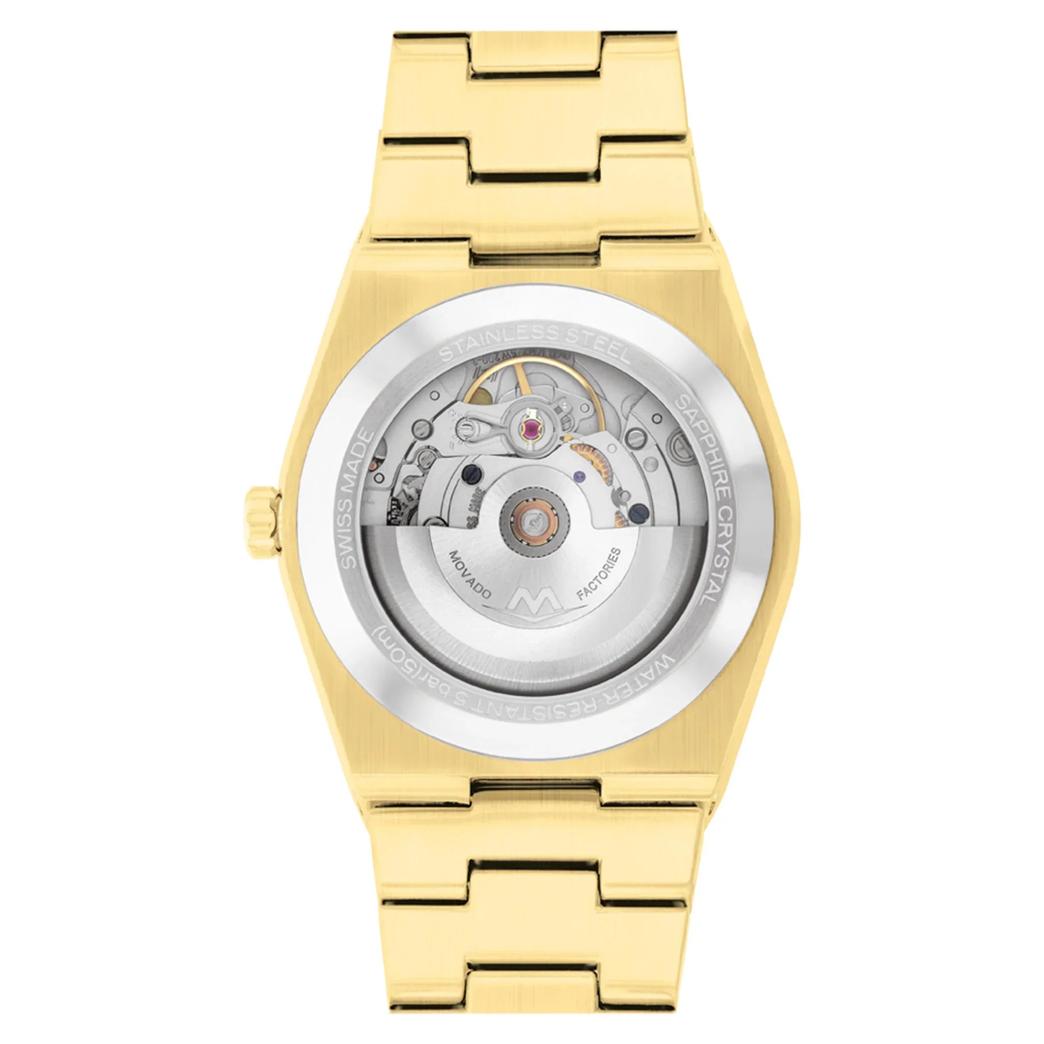 Movado 3600943 caseback showing automatic movement with visible gears and components