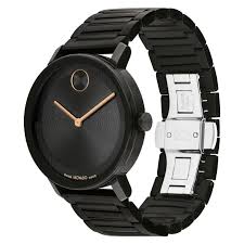 Movado black steel watch at angle showing dial and stainless steel bracelet with clasp