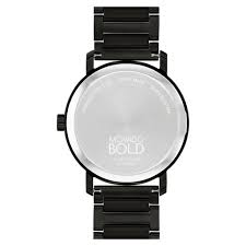 Movado watch case back showing engraved logo and Swiss Made marking