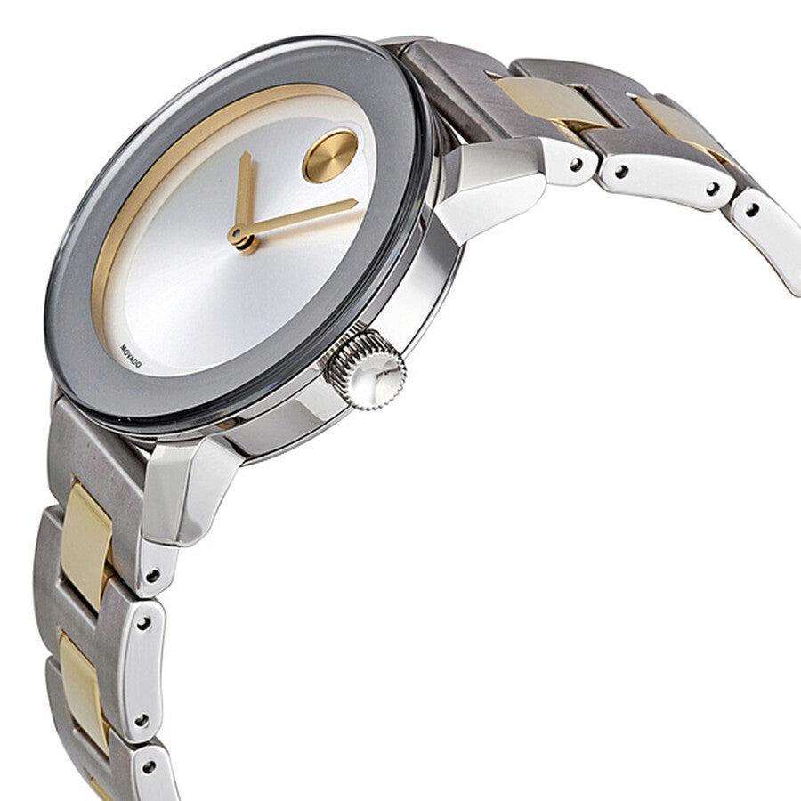 Side angle view of Movado Bold watch showing two-tone stainless steel and gold strap and profile