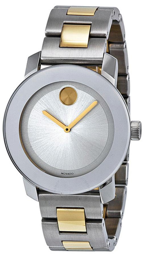 Movado Bold men's watch with silver dial, two-tone gold and steel strap, minimalist design with signature dot