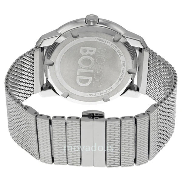 Movado Bold Thin watch caseback showing stainless steel with model and branding