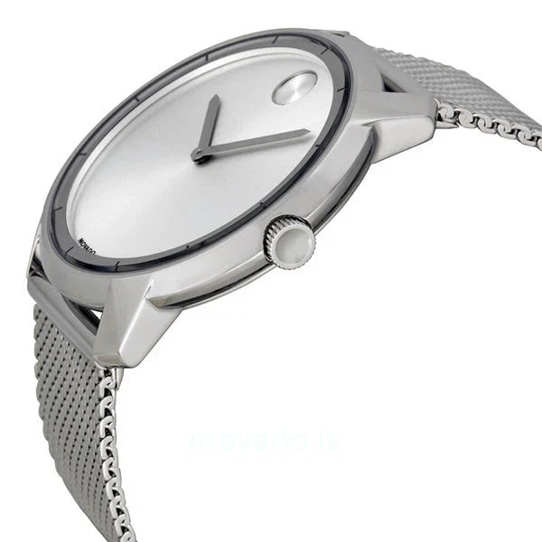 Movado Bold Thin watch side profile showing thin case design and mesh bracelet