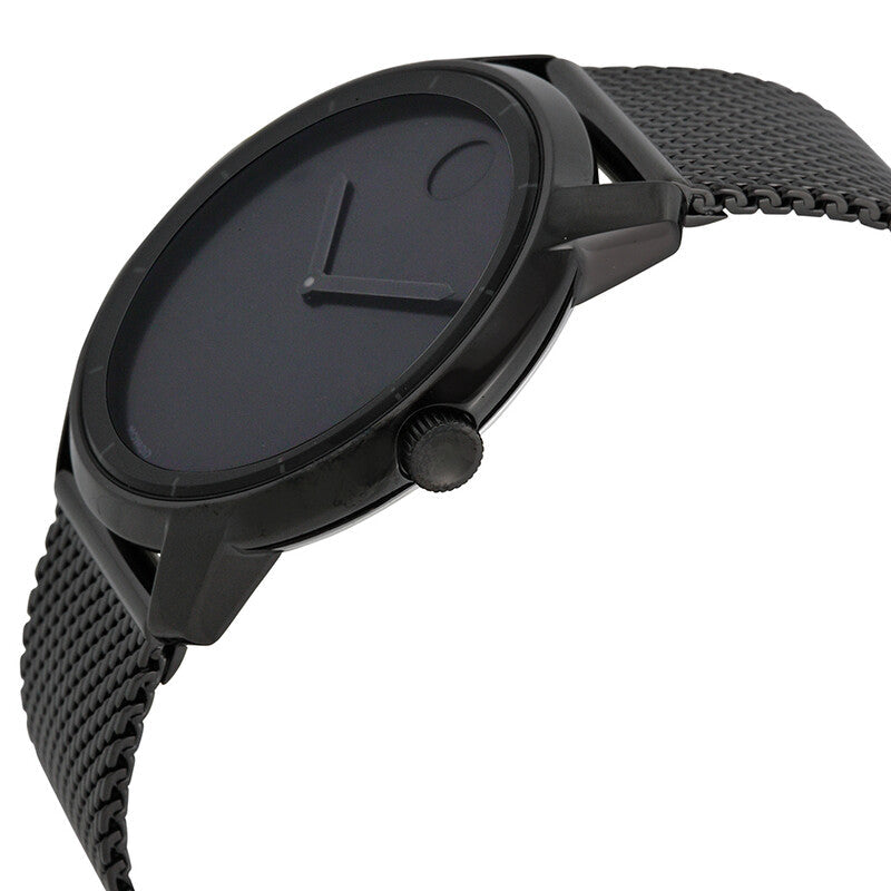 Movado Bold watch angled side view showing black case and mesh strap