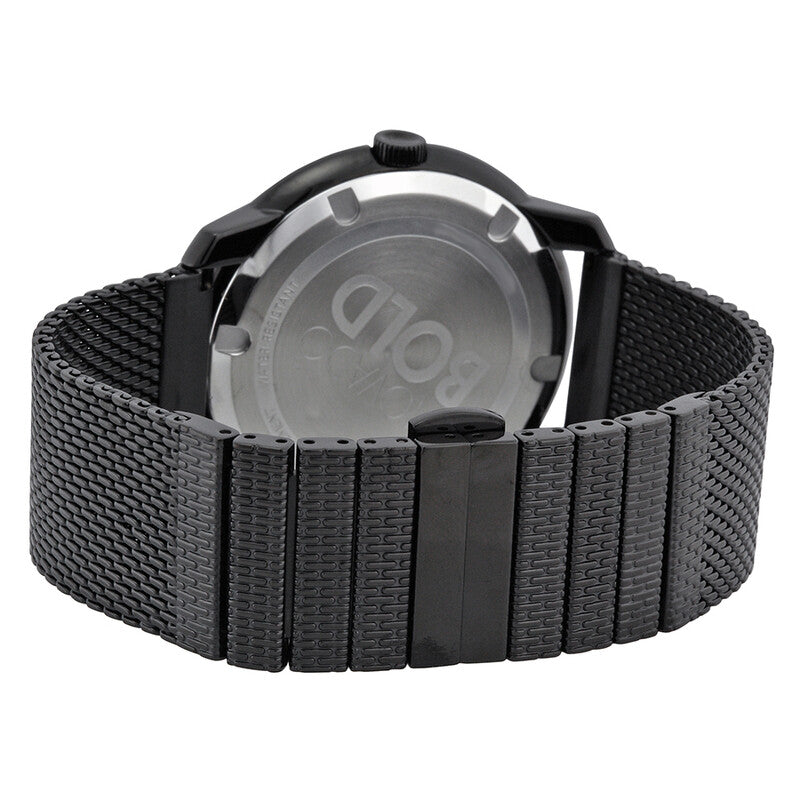 Movado Bold watch caseback showing black ion-plated case and mesh band