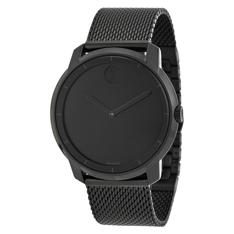 Movado Bold black dial quartz watch with black ion-plated case and mesh bracelet