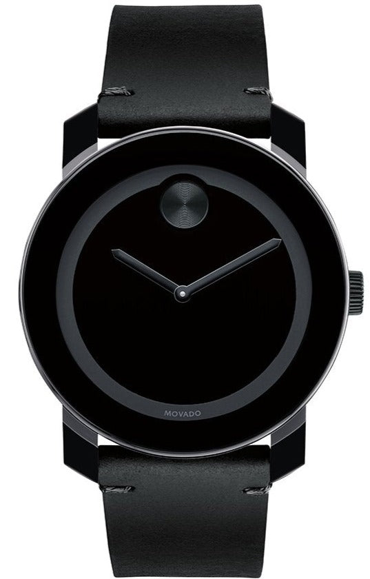 Movado Bold men's watch with black dial, museum dot, and black leather strap