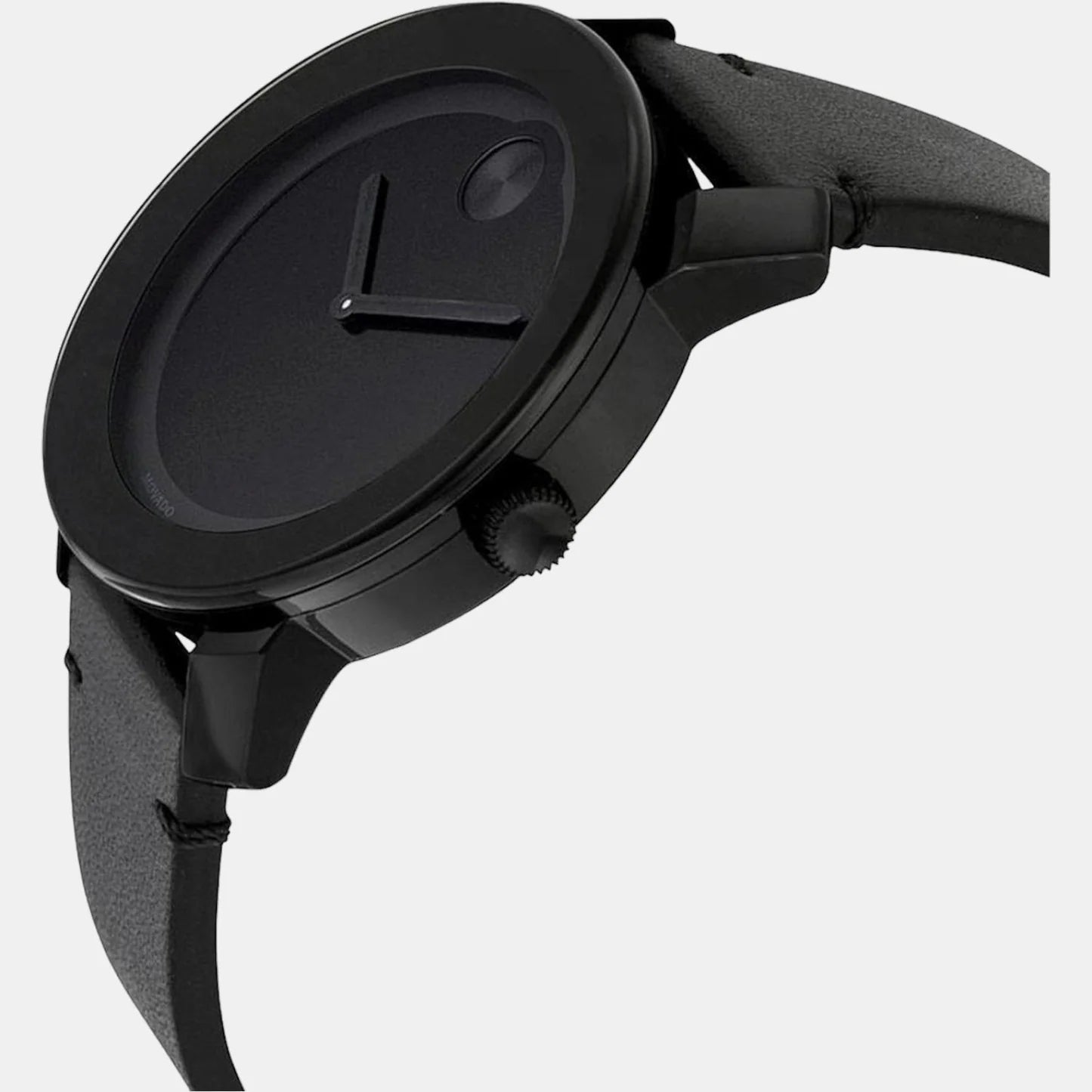 Side view of Movado Bold watch showing black case profile and crown