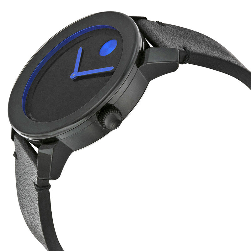 Movado BOLD watch side view showing black case and black leather strap