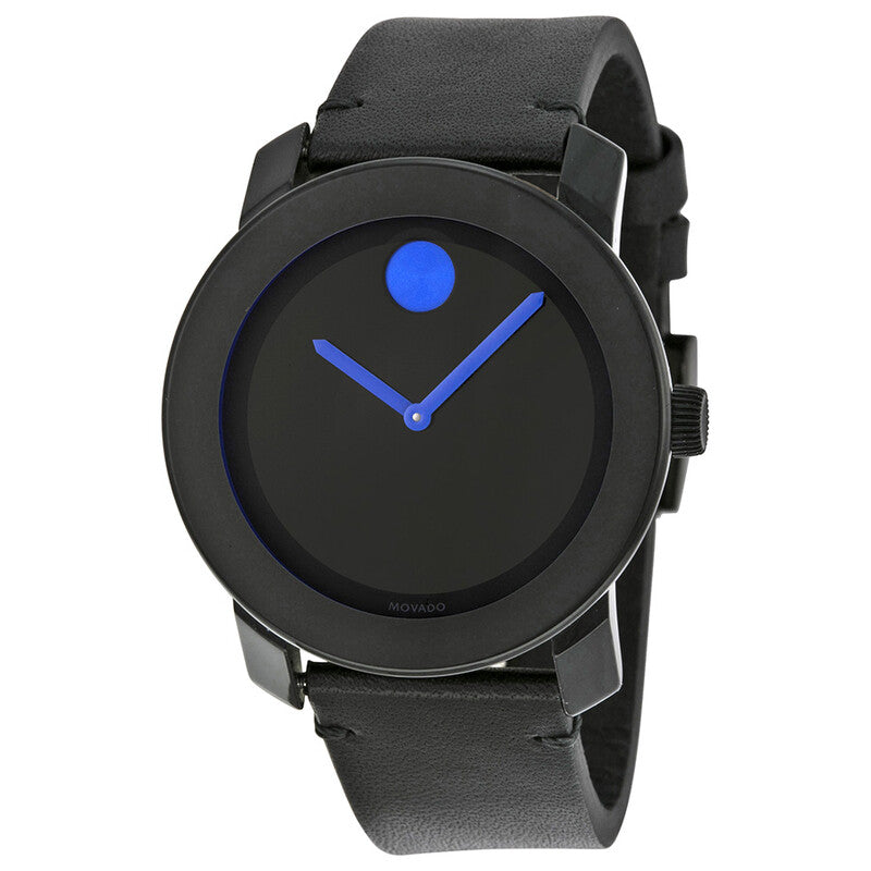 Movado BOLD black analog men's watch with blue hands and black leather strap