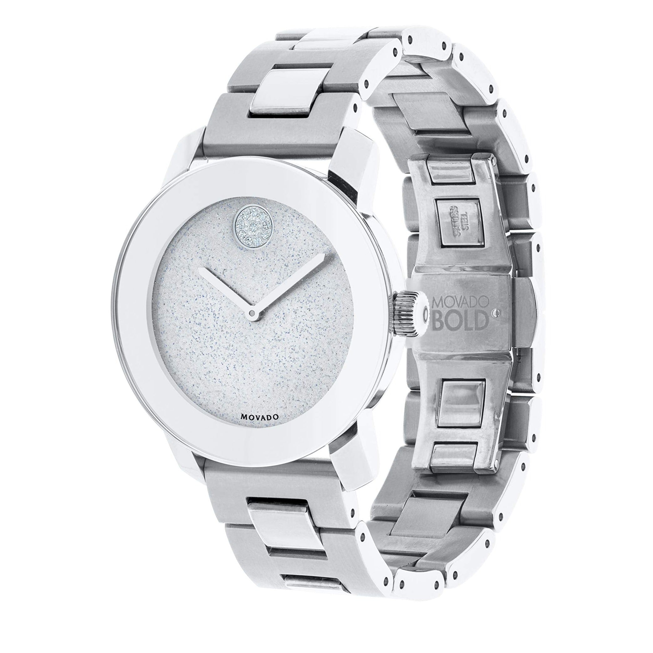 Movado Bold watch angled view showing silver dial and metal link bracelet