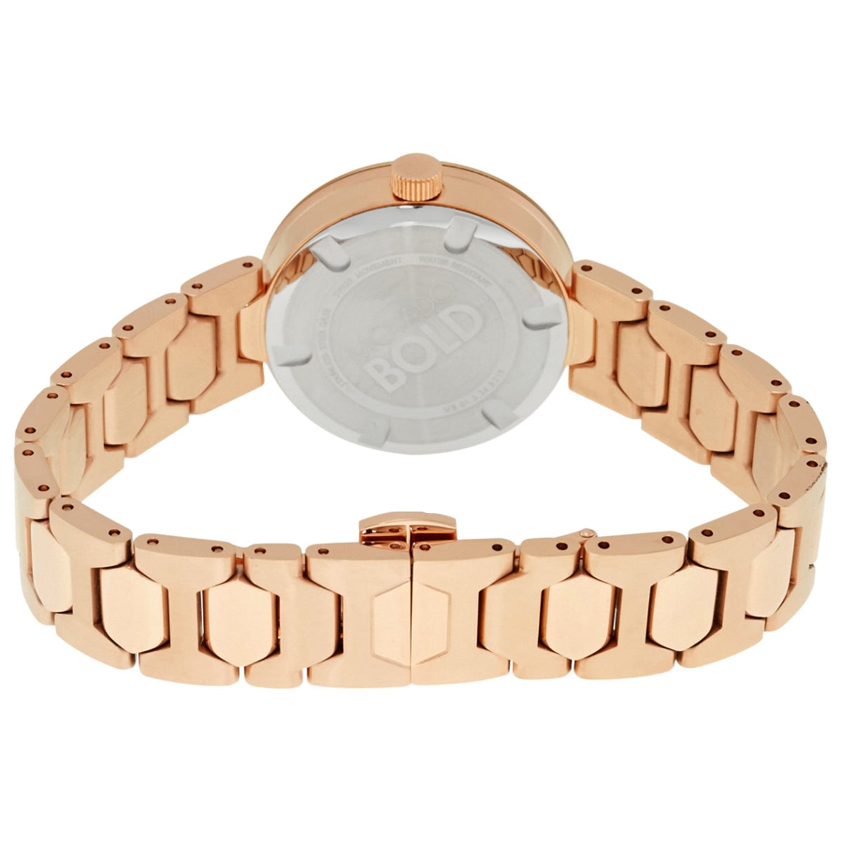 Caseback view of Movado Bold rose watch showing geometric link bracelet