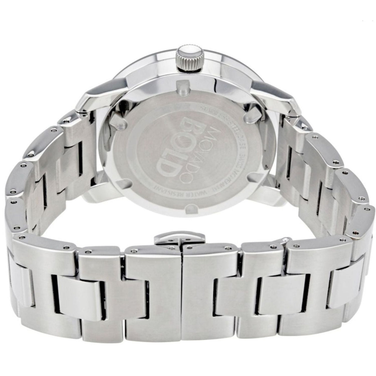 Movado Bold 3600396 case back view showing stainless steel bracelet and engraved caseback