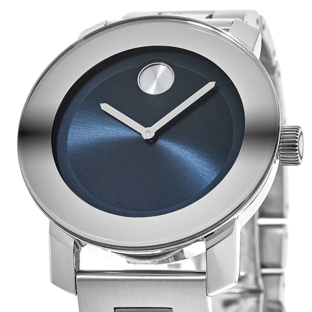 Close-up of Movado Bold dial featuring blue sunburst finish with iconic dot and white hands