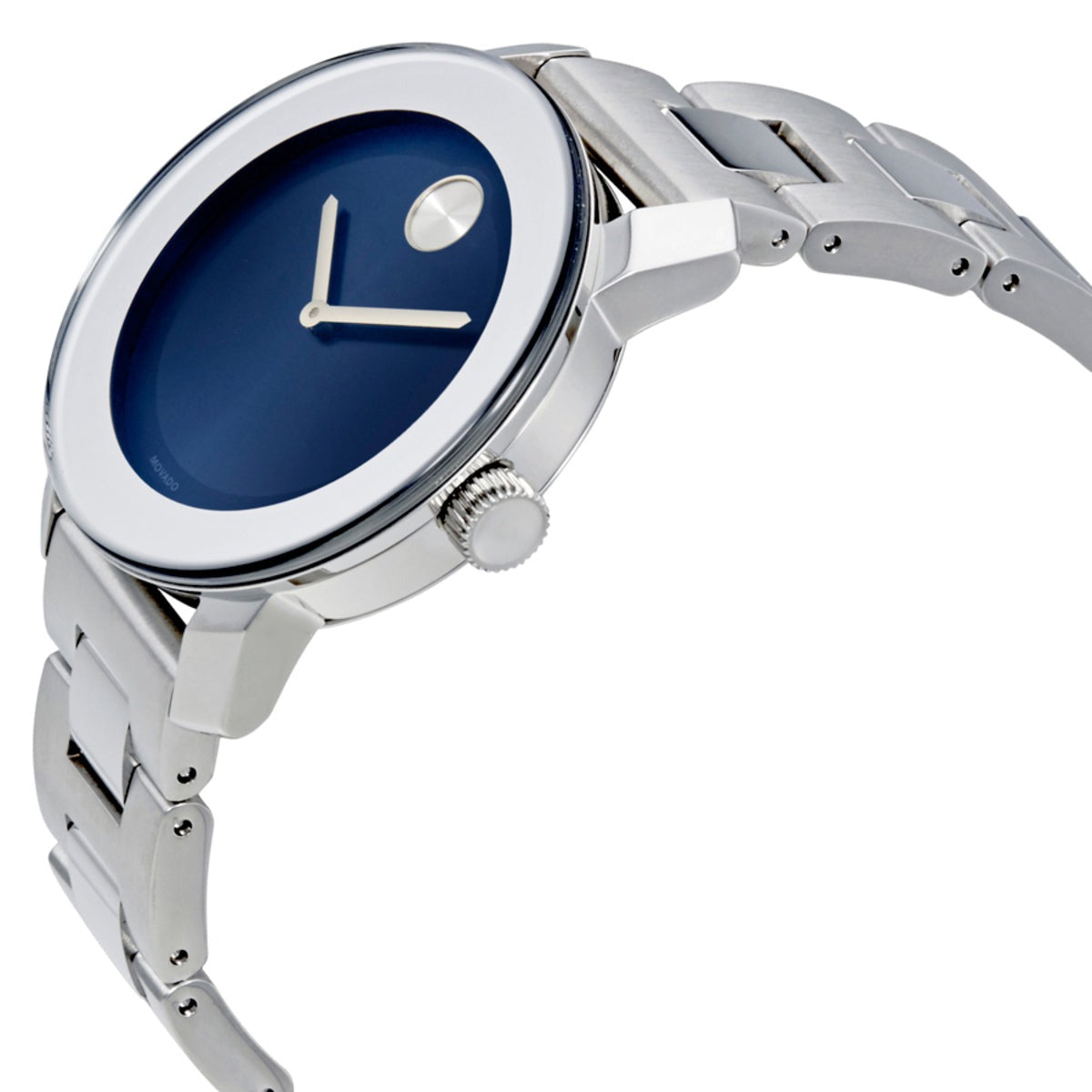 Movado Bold women's watch 3600396 worn on wrist, displaying blue dial and steel bracelet
