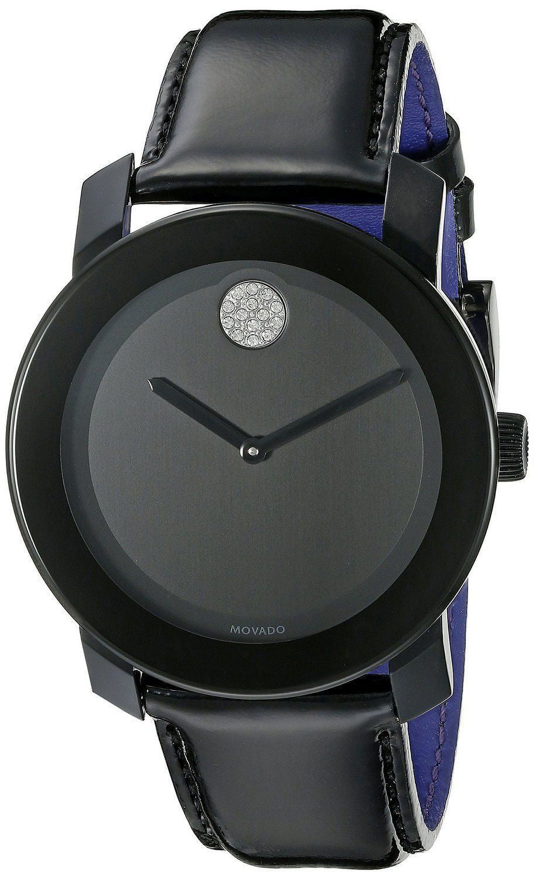 Movado Bold watch three-quarter view showing black leather strap and bezel