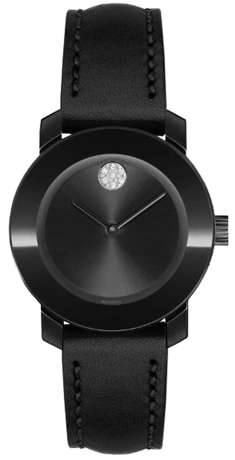 Movado Bold black women's watch with leather strap and minimalist dial