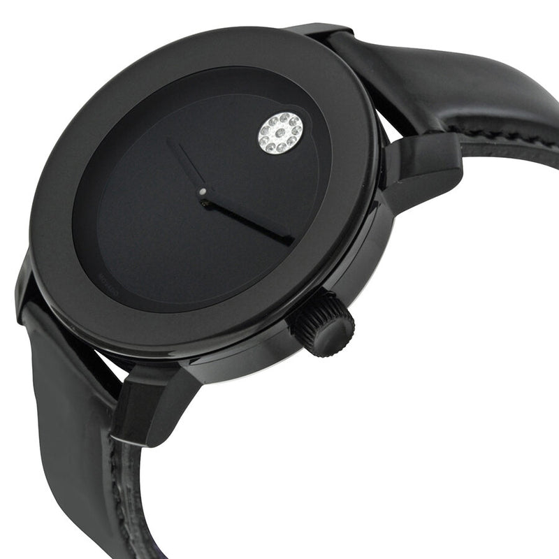 Movado Bold black watch worn on wrist with leather strap
