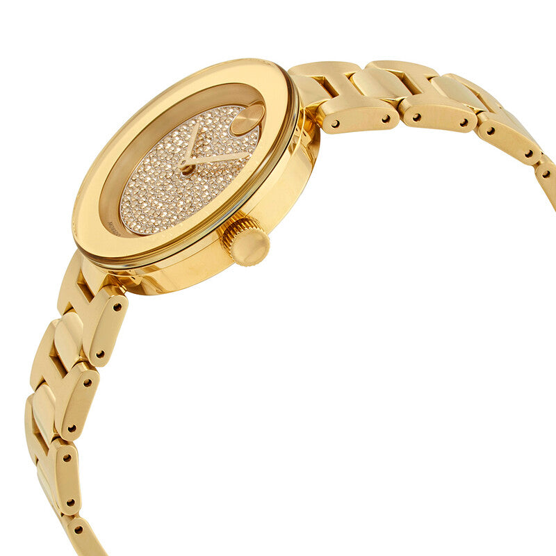 Side angle view of Movado Bold women's watch showing gold tone case and bracelet