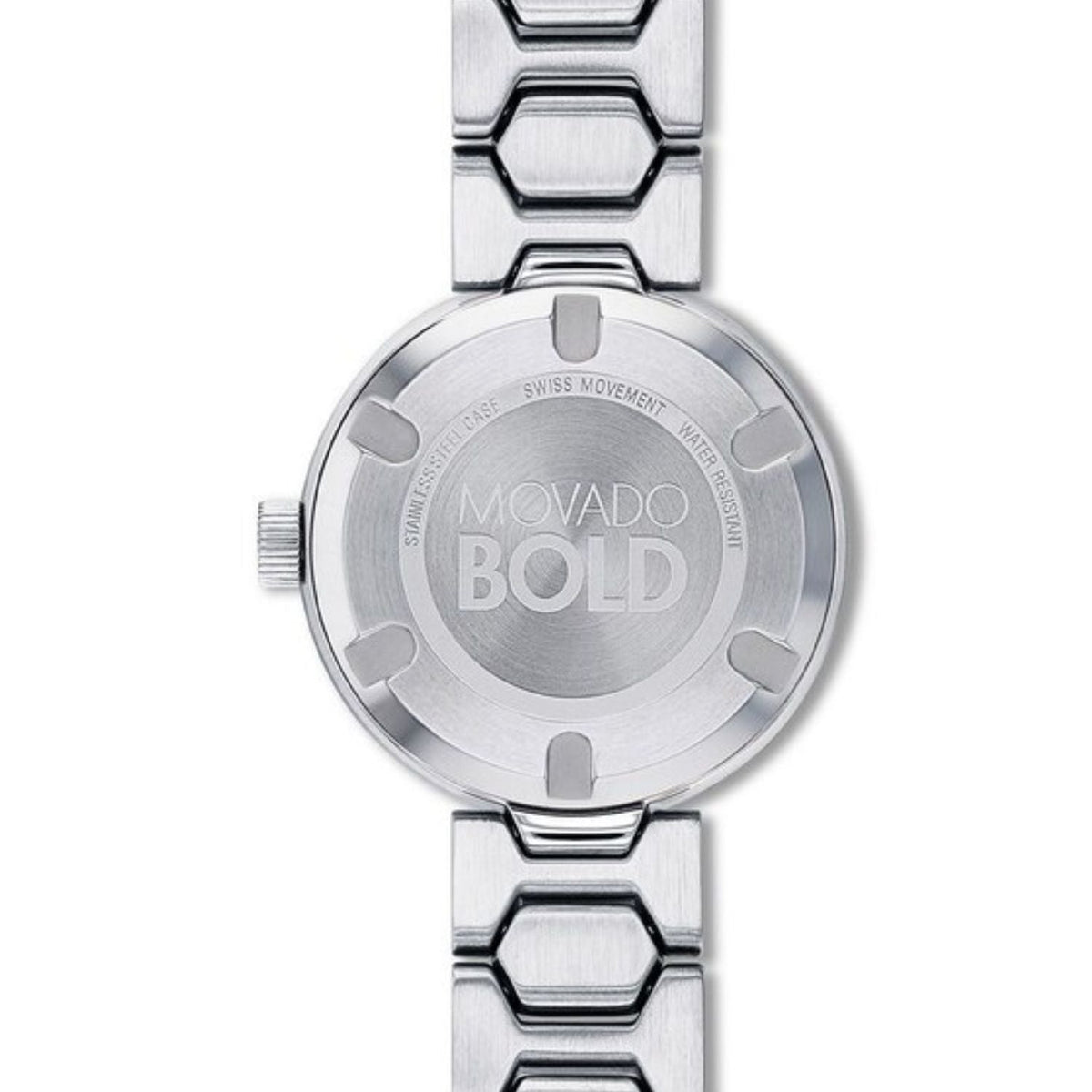 Caseback of Movado Bold watch displaying BOLD engraving and movement details
