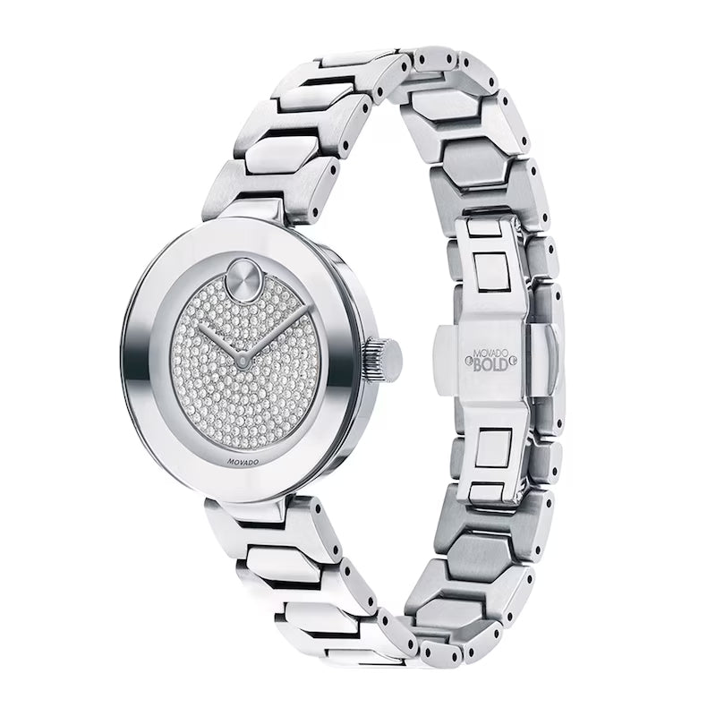 Movado Bold silver pave crystal watch worn on wrist with steel bracelet