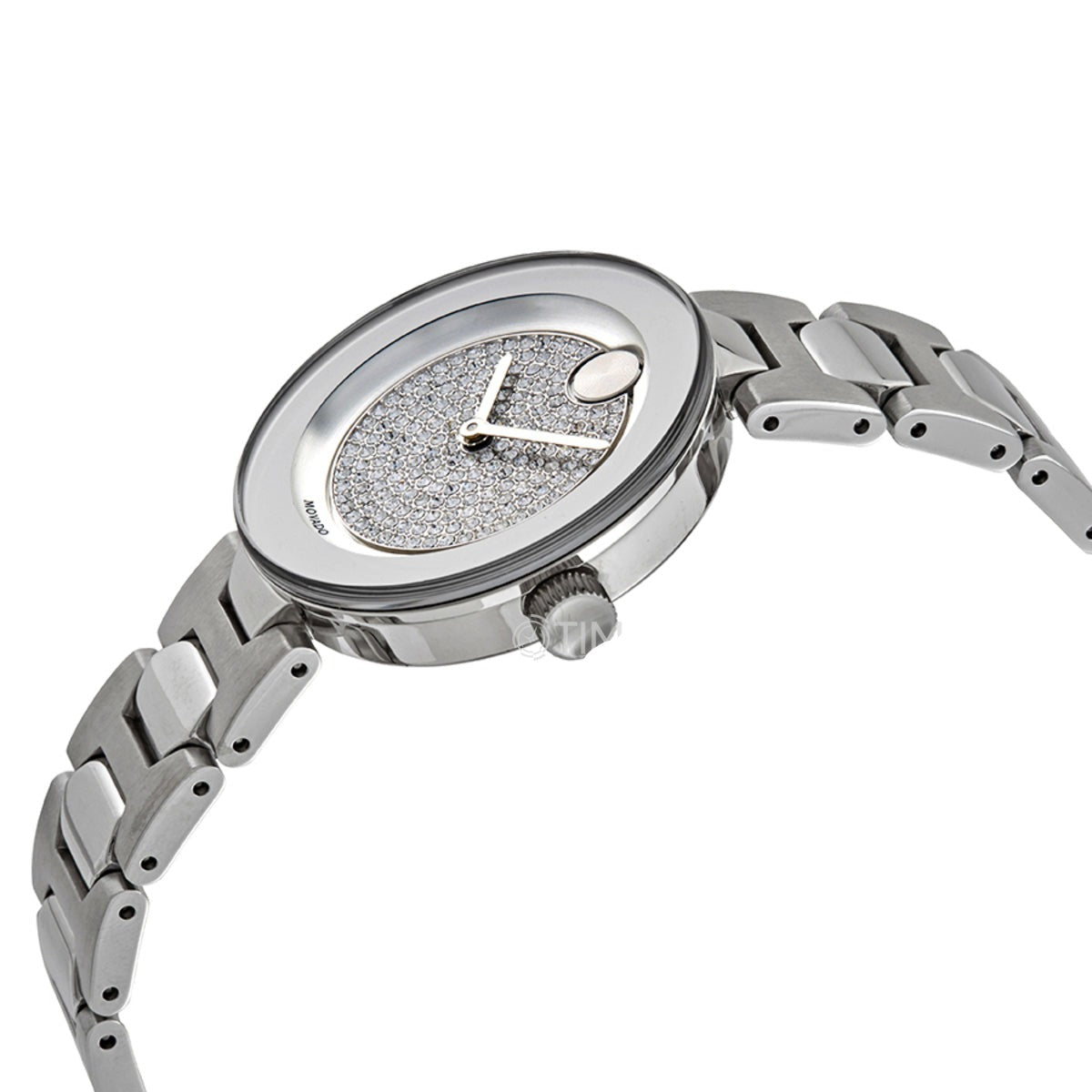 Side profile of Movado Bold women's watch showing case depth and bracelet design