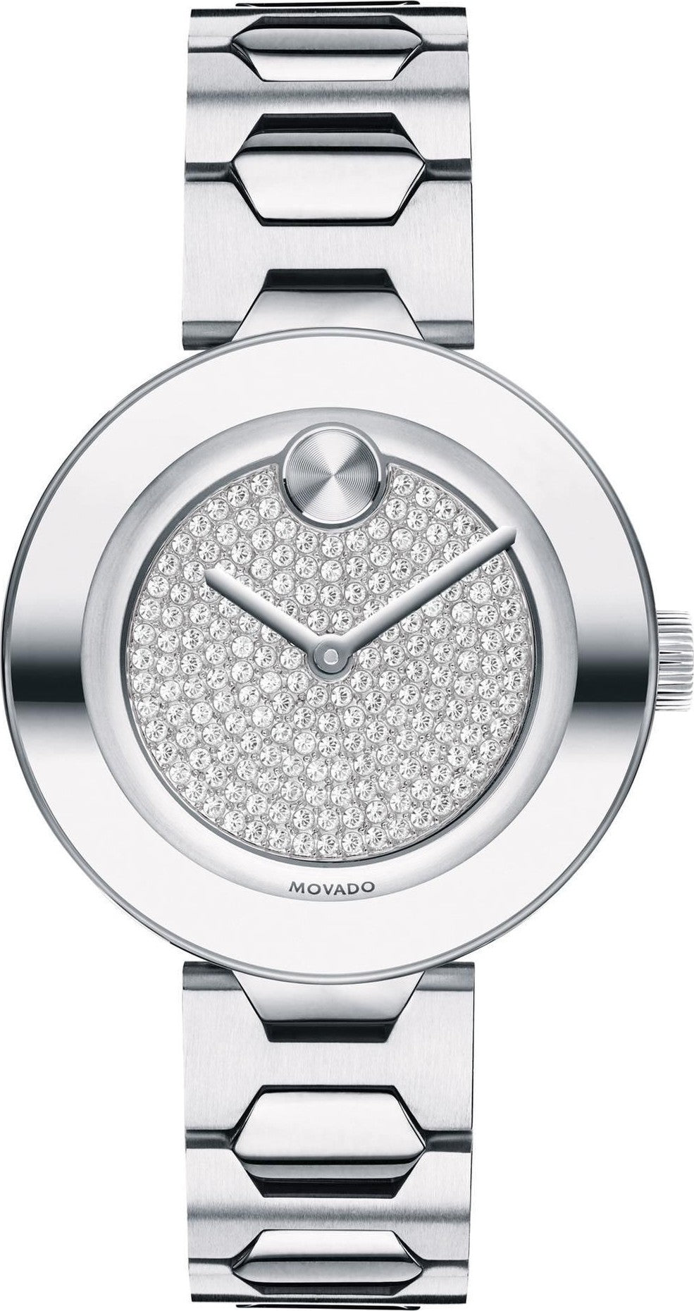 Movado Bold silver women's watch with pave crystal dial and steel bracelet