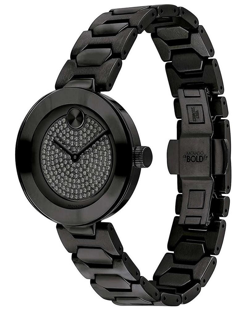 Movado Bold women's watch at angle showing crystal dial, bezel, and black metal bracelet
