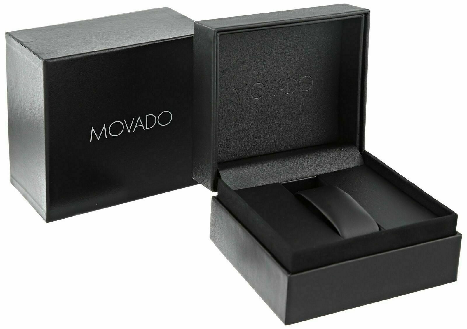 Movado Bold watch packaging with black gift box and watch holder display