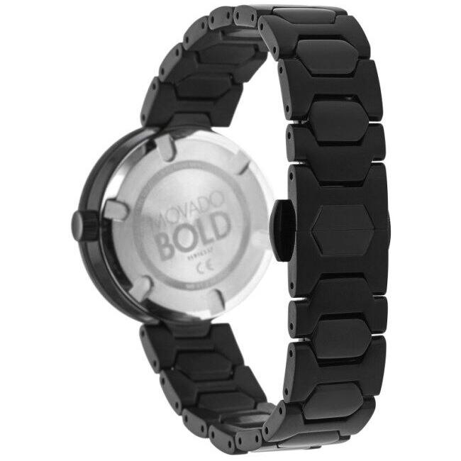Movado Bold women's watch side view displaying case profile and black metal strap links