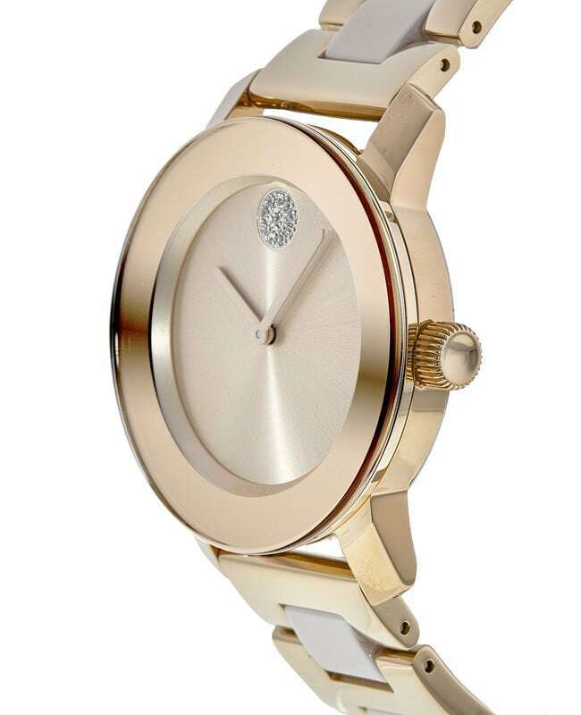 Movado Bold 36mm women's watch angled view displaying rose gold case with metallic dial and ceramic bracelet