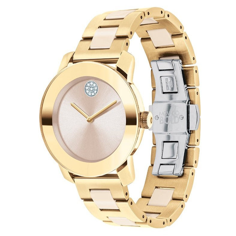 Movado Bold Ceramic Beige Dial Gold Tone Steel Women's Watch 3600640