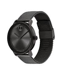 Movado Bold watch angled view showing black case, dial, and mesh bracelet