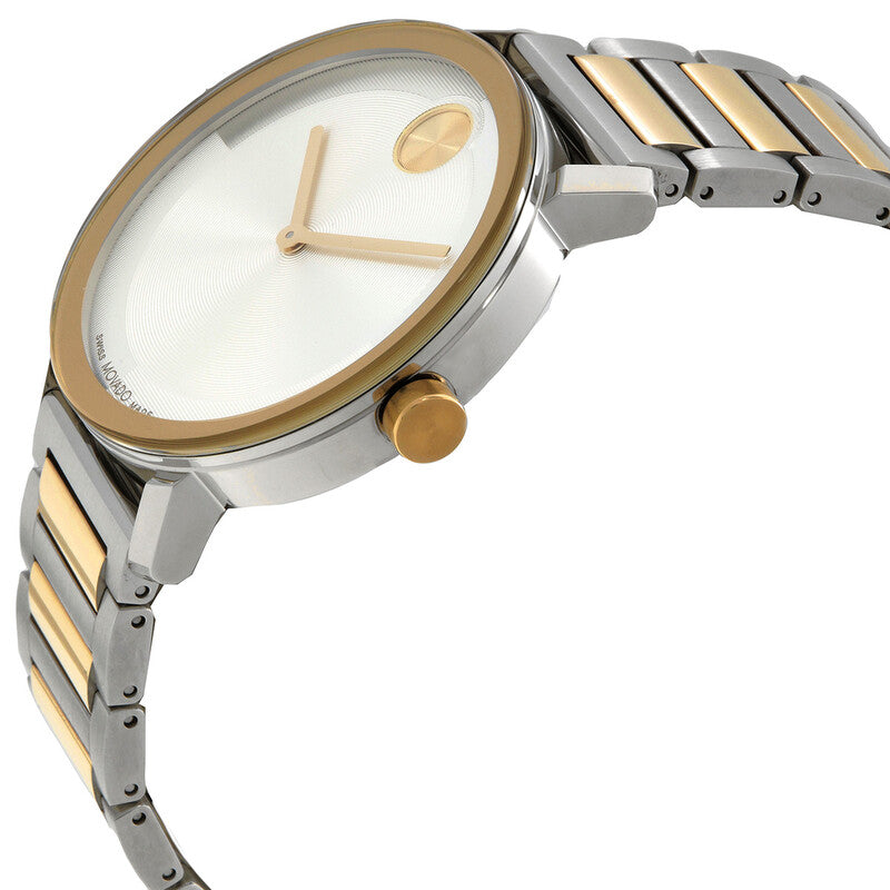 Movado BOLD Evolution 2.0 watch at angle showing two-tone bracelet and gold-tone bezel