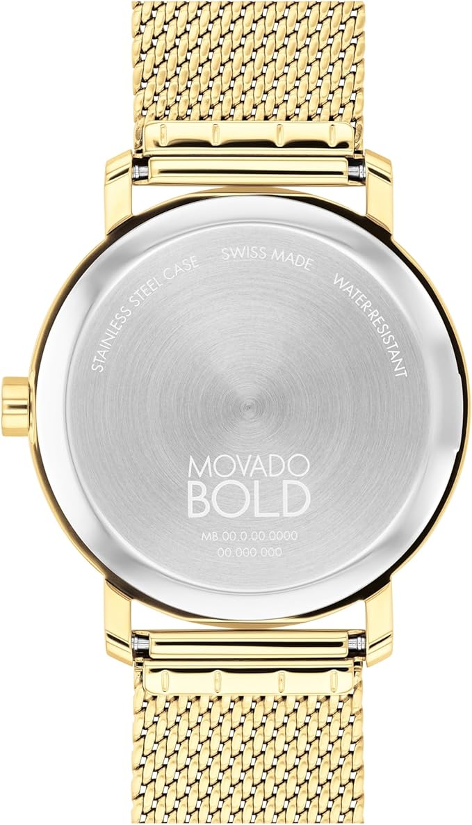 Movado Bold Evolution 2.0 caseback showing Swiss made marking and water resistance