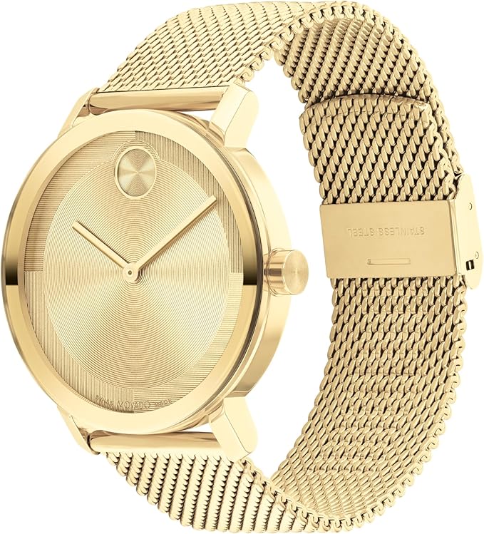 Movado Bold Evolution 2.0 gold-tone watch displayed on wrist with mesh band