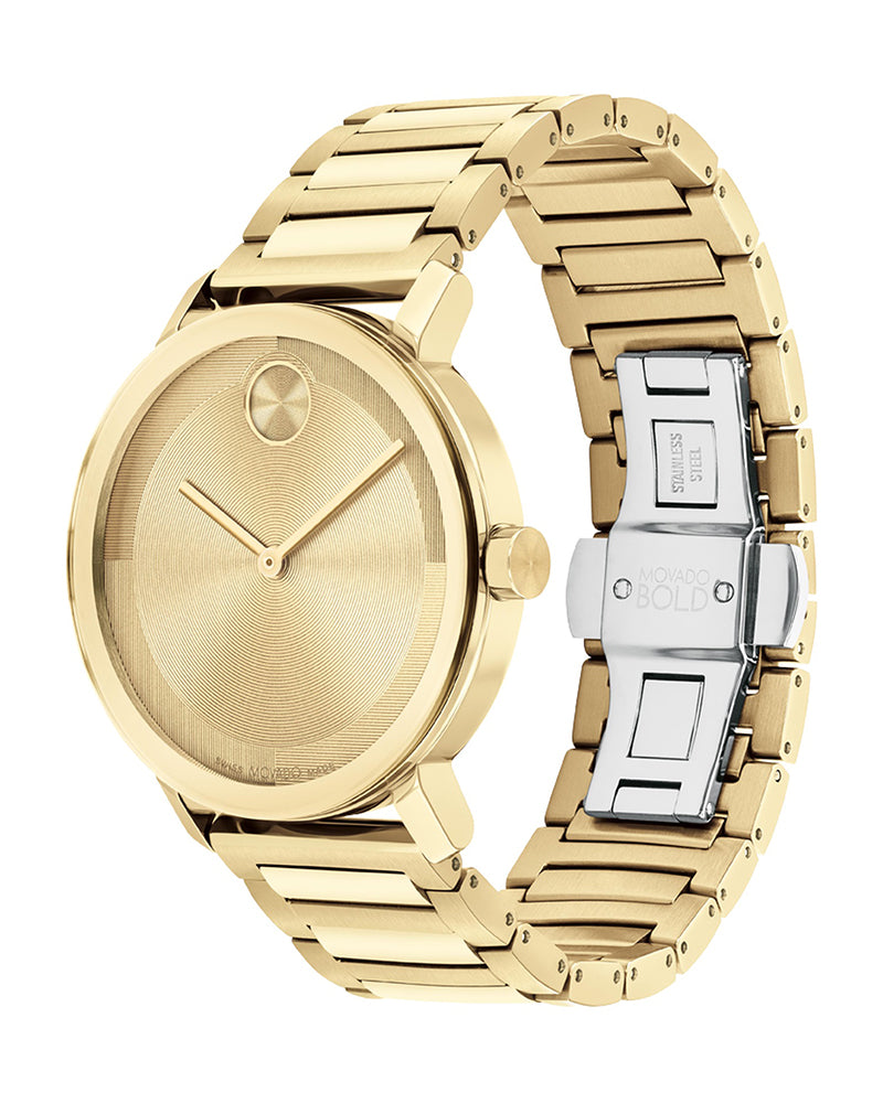 Side angle view of Movado Bold Evolution 2.0 goldtone watch showing case profile and bracelet