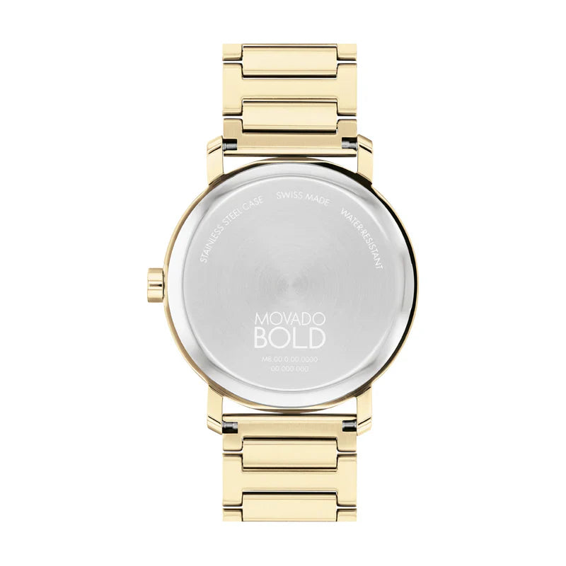 Goldtone caseback of Movado Bold Evolution 2.0 with engraved branding and bracelet