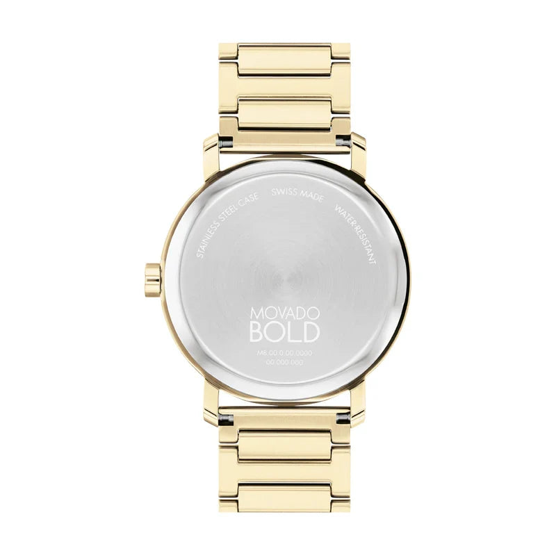 Goldtone caseback of Movado Bold Evolution 2.0 with engraved branding and bracelet