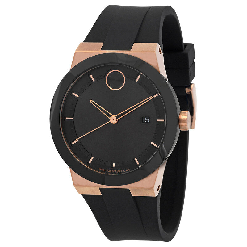 Movado BOLD Fusion watch at angle showing bronze case and black silicone strap